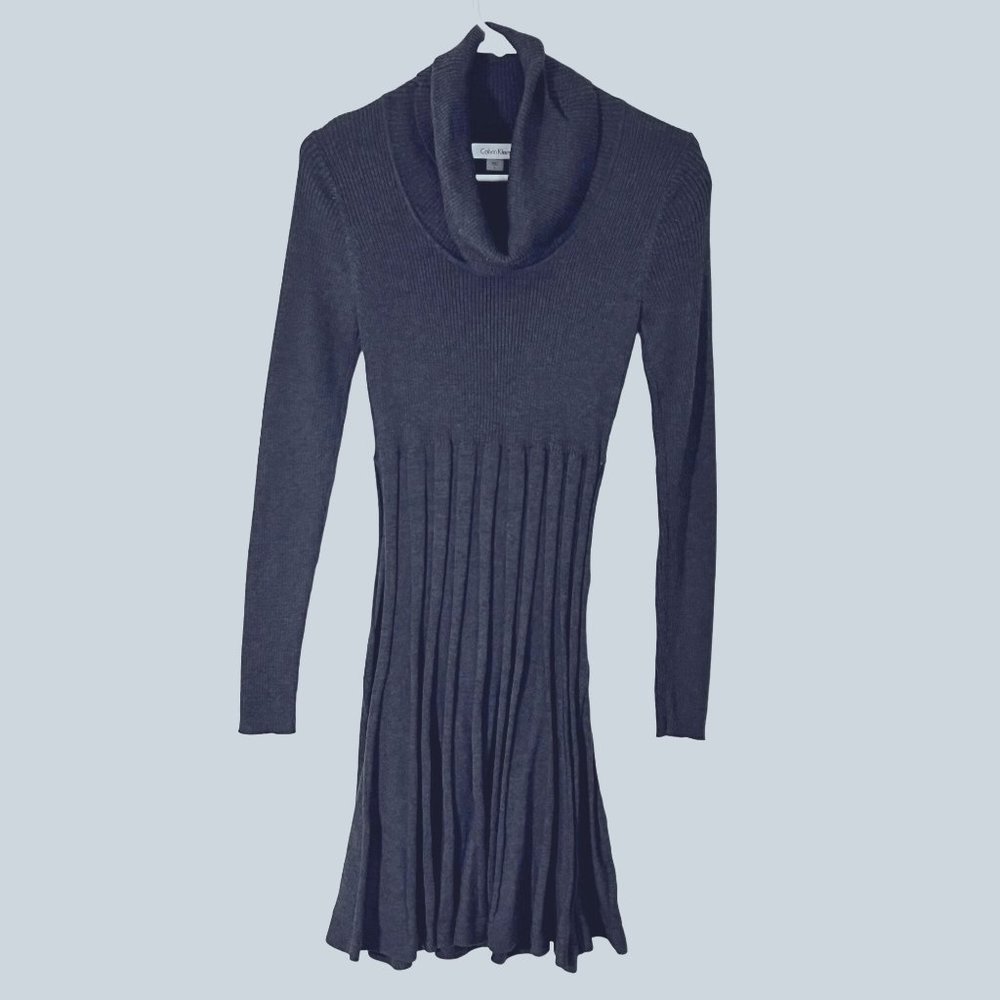 Calvin Klein Cowl neck Woman's Small Gray Ribbed Knit pleated Sweater Midi Dress